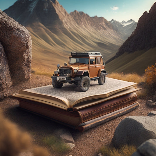 A 3D illustration of a rugged, off-road vehicle driving on a winding mountain trail, with a brown leather-bound book lying open on the hood, surrounded by scattered topographic maps.