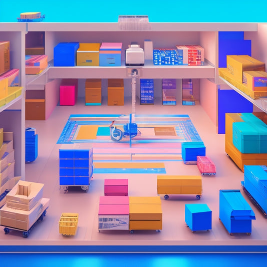 A stylized illustration of a sleek, modern online store shipping hub, with colorful parcels and boxes moving efficiently along conveyor belts, surrounded by minimalist computers and robots.