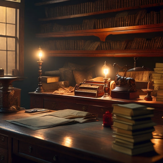 A dimly lit, worn, wooden merchant's desk with an old-fashioned abacus, scattered coins, and a torn ledger with red ink-stained pages, surrounded by empty shelves and a faint, worried businessman's silhouette.