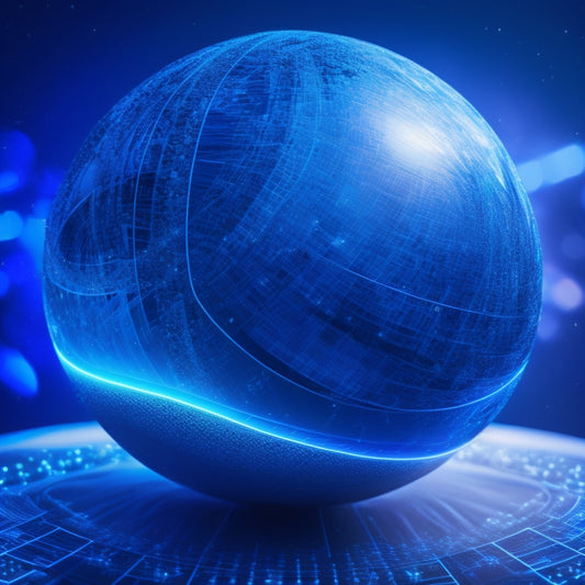 A futuristic, metallic sphere with glowing blue circuits, surrounded by orbiting payment cards and abstract, swirling patterns, set against a dark, gradient blue background, symbolizing innovation and financial freedom.