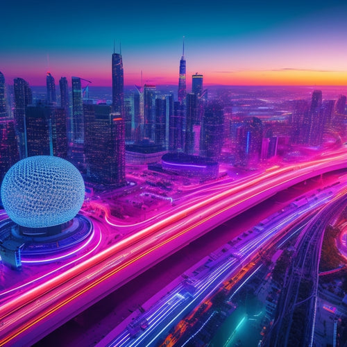 A futuristic cityscape at dusk with sleek skyscrapers, neon lights, and fiber optic cables weaving together, surrounded by orbiting digital spheres and gears in motion, symbolizing ecommerce scalability.