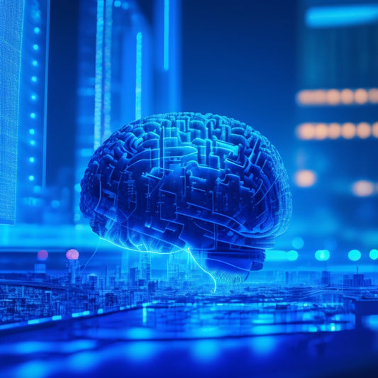 An futuristic, minimalist illustration of a glowing brain surrounded by orbiting digital blocks, wires, and circuits, set against a dark blue background with neon-lit cityscape silhouettes.