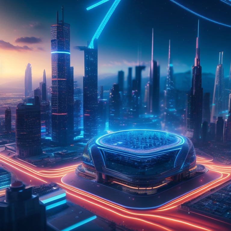 Illustrate a futuristic cityscape with sleek skyscrapers and neon lights, featuring a large, glowing payment terminal at the forefront, surrounded by orbiting commerce icons and swooping lines symbolizing innovation.