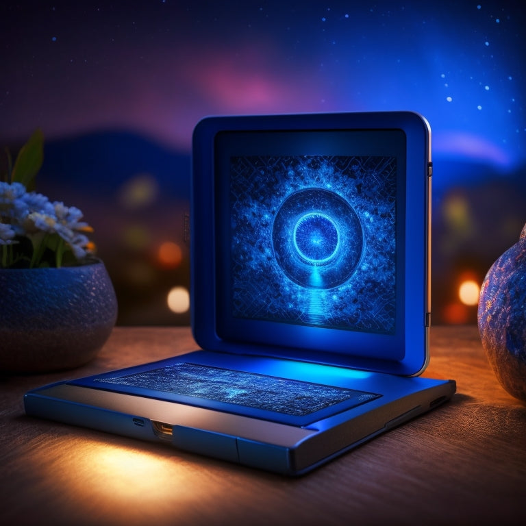 A futuristic, metallic e-reader device with glowing blue circuits, surrounded by swirling, colorful ebook covers that morph into four-leaf clovers, set against a dark, starry night sky.