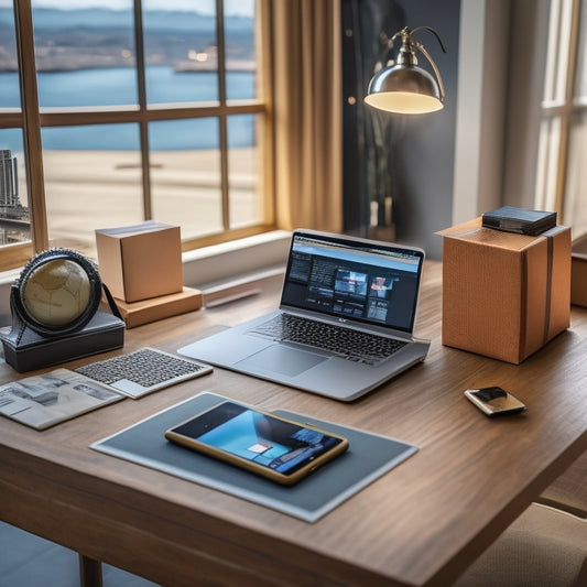 A sleek, modern desk with a laptop, tablet, and smartphone displaying various digital product delivery interfaces, surrounded by shipping boxes, parcels, and a miniature globe.