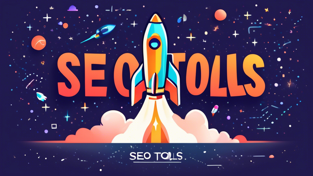 A rocket ship blasting off into space above a Shopify store, with the words SEO Tools written on the side of the rocket. The background is a star-filled night sky.