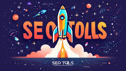 A rocket ship blasting off into space above a Shopify store, with the words SEO Tools written on the side of the rocket. The background is a star-filled night sky.