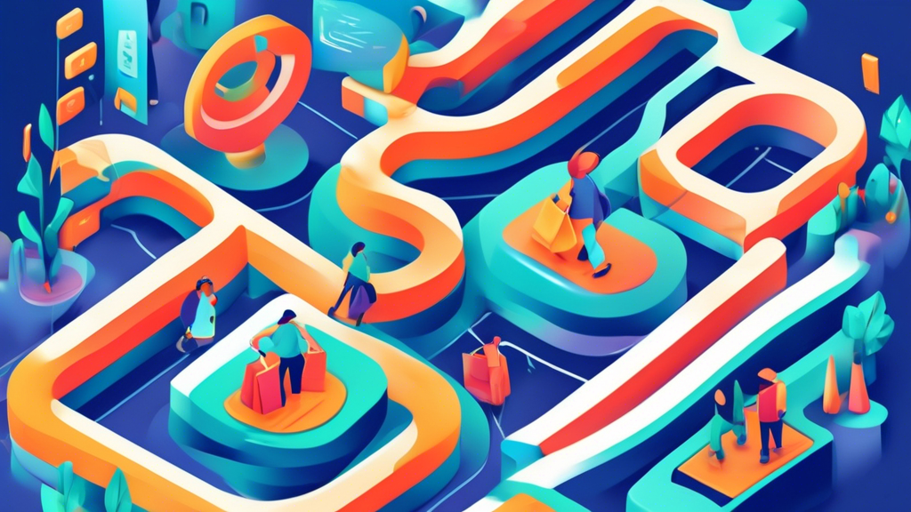 An abstract illustration of a labyrinth-like shopping journey through a Shopify store, transformed into a clear and concise pathway with intuitive navigation and search functionality. Geometric shapes