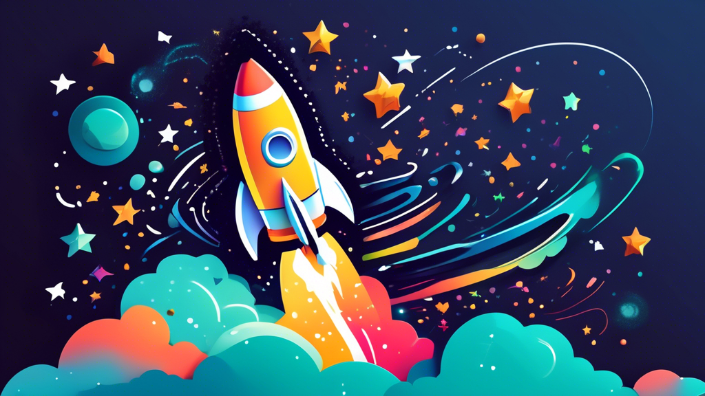 A rocket ship with a Shopify logo on its side, flying through a field of keywords, leaving a trail of stars in its wake. The keywords are arranged in a way that forms the shape of a dollar sign.