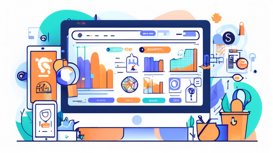 An illustration of a Shopify store with various SEO-related apps integrated, surrounded by icons representing SEO tools and metrics. The apps are organized into categories such as analytics, keyword r