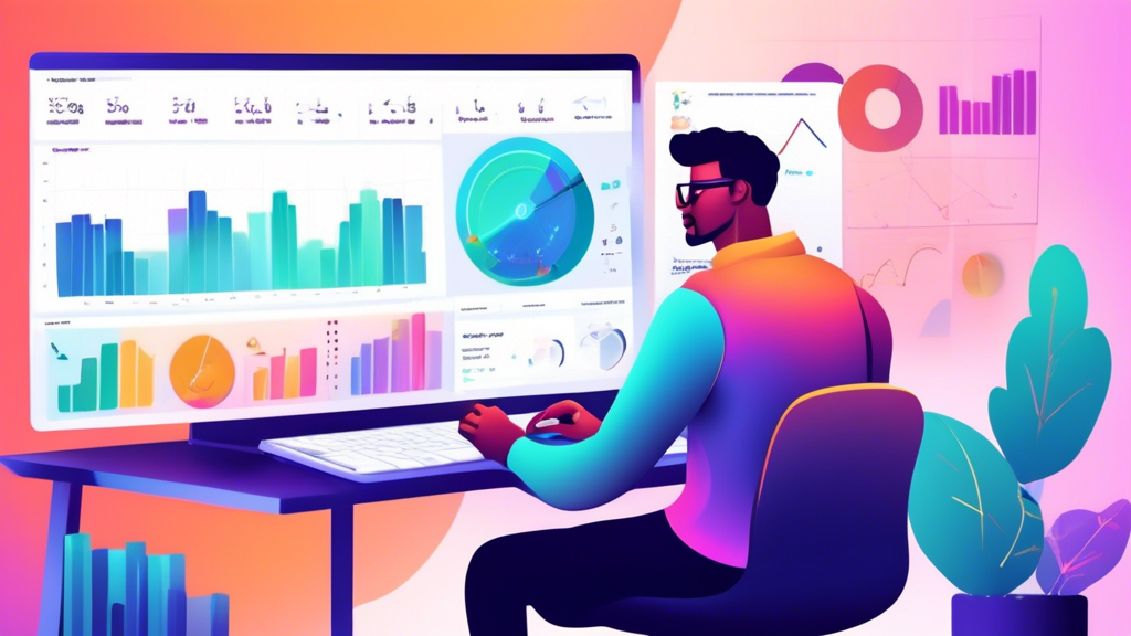 Create an image of a person using a computer to access their Shopify store analytics, with various conversion tracking metrics displayed on the screen such as conversion rates, revenue generated, and top performing products. The person is shown analy