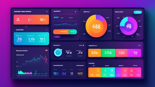 A colorful and vibrant dashboard displaying key Shopify A/B testing metrics like conversion rate, average order value, customer lifetime value, and bounce rate. The dashboard should be visually engagi