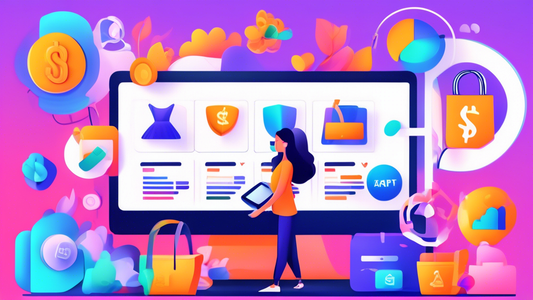 A vibrant and dynamic digital rendering of a Shopify store undergoing an optimization audit. Multiple floating icons represent key elements of the audit, such as analytics, navigation, product recomme