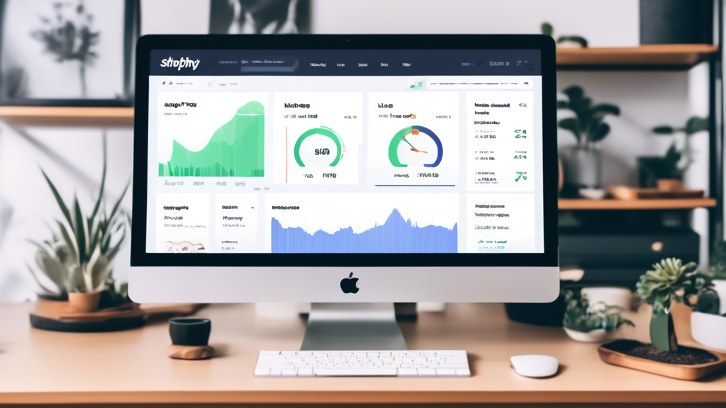 An image of a computer screen displaying a Shopify dashboard. The dashboard shows a variety of metrics related to site speed, including load time, page size, and number of requests. A toolbox icon is 