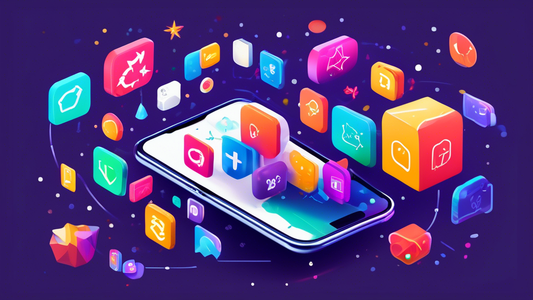 Create a vibrant and dynamic image that embodies the concept of transforming a Shopify store with must-have apps. Depict a smartphone floating amidst a constellation of colorful app icons, symbolizing