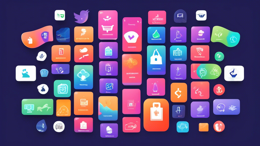 Create a vibrant and engaging image that captures the essence of app strategies for Shopify success. Depict a diverse range of Shopify app icons seamlessly integrated into a cohesive and visually appe