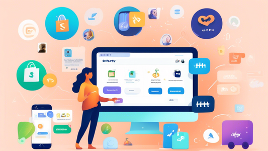 A person using Shopify to increase conversions, with various apps displayed in the background representing different conversion-boosting strategies. The apps should be diverse and visually appealing, 