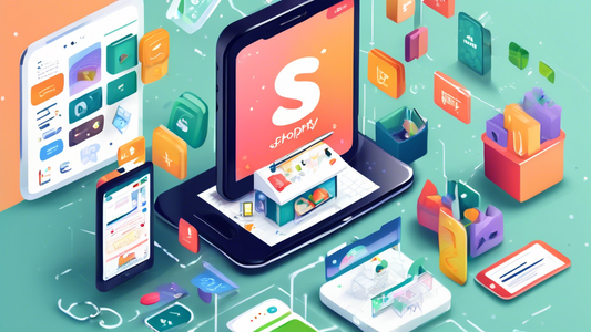 A mobile phone displaying a Shopify store on its screen. The phone is surrounded by a variety of mobile SEO elements, such as keywords, backlinks, and mobile optimization icons.