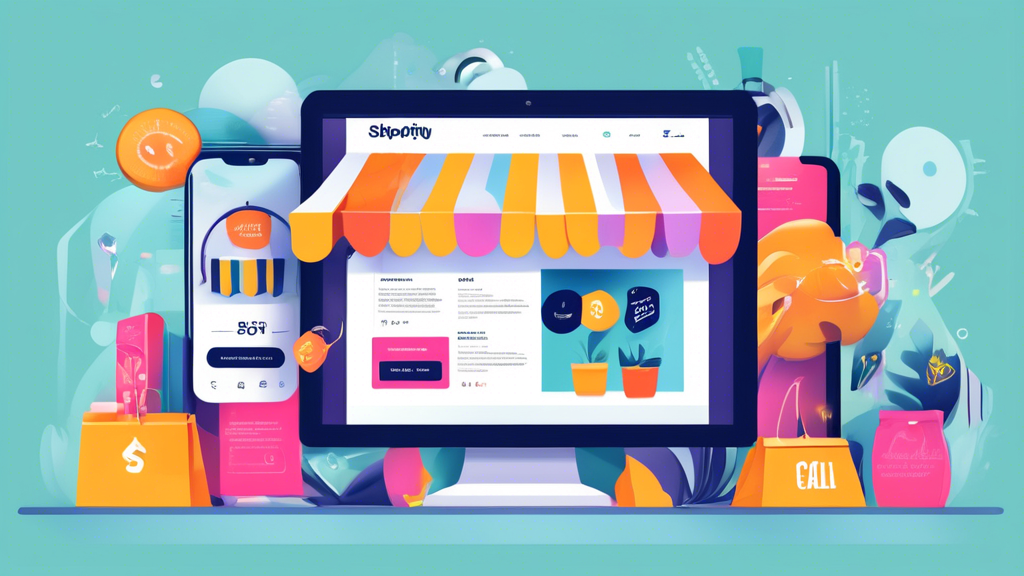 Create an image of a trendy online Shopify store showcasing products with high-quality visuals and compelling descriptions, accompanied by key statistics and conversion rate optimization techniques, such as clear call-to-action buttons, customer test