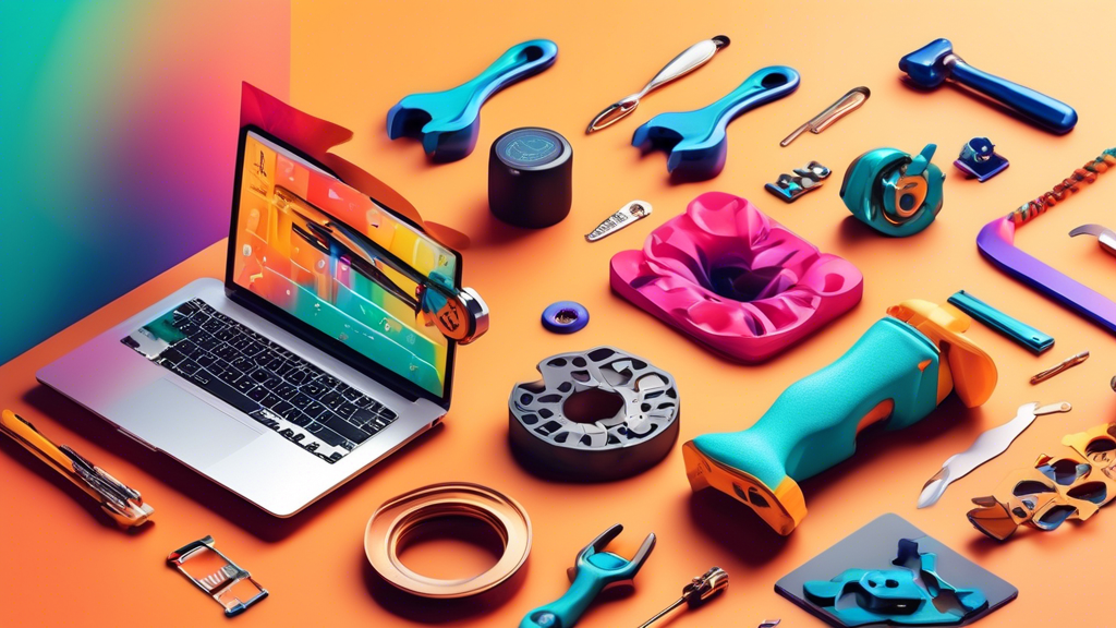 A vibrant and dynamic image showcasing a variety of tools used for customizing a Shopify store. The tools should be visually appealing and arranged in a way that highlights their importance and functi