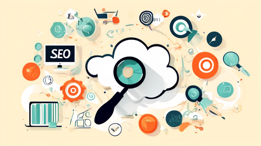 Create an image of a Shopify store with a high search engine ranking, featuring elements like a bullseye, magnifying glass, and keyword cloud, that visually represents SEO success.