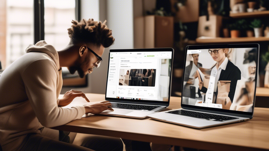 A photorealistic image of two people collaborating on a laptop to conduct A/B testing for marketing success, with a Shopify store interface displayed on the screen. The image should convey a sense of 