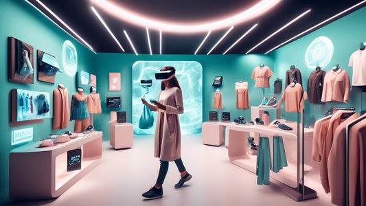 A futuristic shopping experience where elements of augmented reality and virtual reality blend seamlessly, creating a highly personalized and interactive retail environment for a Shopify store. The im