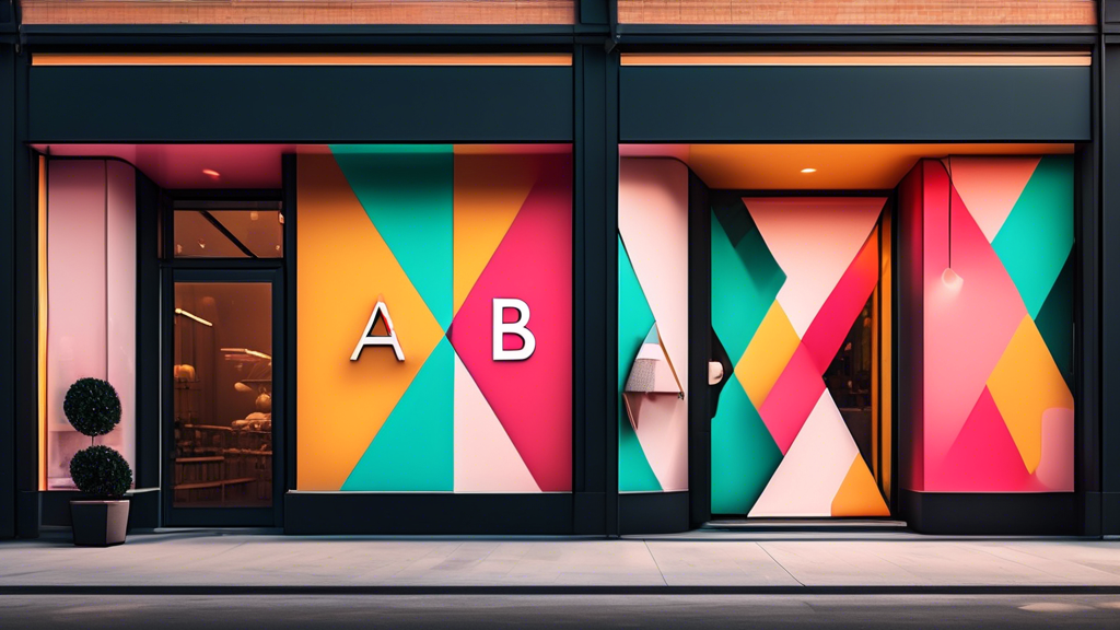 A geometric storefront with an A and B entrance side by side. The A entrance has a line of customers entering, while the B entrance is empty.