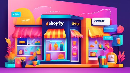 Create an image of a virtual storefront design featuring eye-catching product displays, clear call-to-action buttons, and promotional banners, optimized to drive increased conversion rates on a Shopify website.