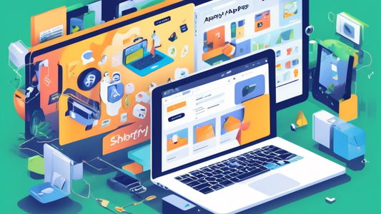 Create an image of a laptop computer with a Shopify app store page open, featuring various SEO tools and plugins. The image should convey the idea of optimizing a website for search engines using Shop