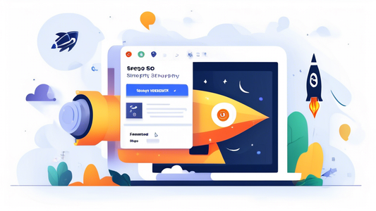 A search engine results page (SERP) with the phrase Shopify SEO highlighted in the top result. The result is accompanied by a graphic of a rocket ship taking off, symbolizing the success of Shopify st