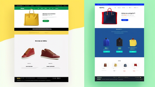 A split screen image showcasing two different landing pages on Shopify. The left side shows a landing page with a yellow button and blue background, while the right side shows a landing page with a gr