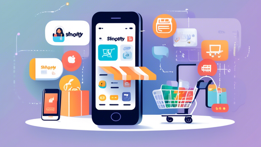 An image of a smartphone screen displaying a Shopify store with a variety of mobile apps arranged around it, such as a shopping cart, a payment gateway, a marketing automation tool, and a customer ser