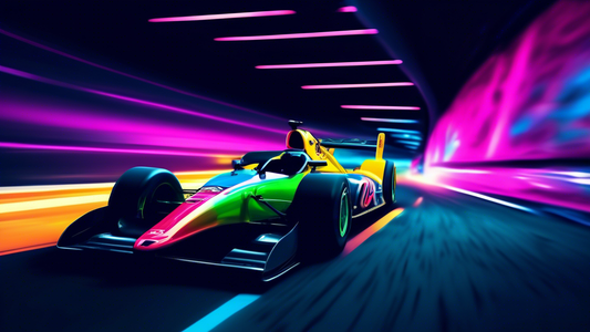 Generate an image of a racing car with a Shopify logo on its side, speeding through a tunnel filled with A/B testing data and optimization tools. The car should be painted with the Shopify colors and 