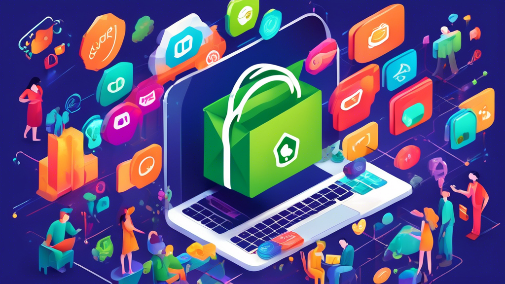 A vibrant and captivating image that visually interprets the concept of empowering Shopify users with apps. The image should depict a scene where the Shopify platform is the central element, surrounde