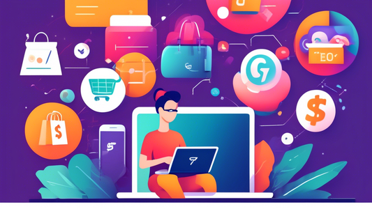 A person using Shopify to optimize conversion rates with a course on a laptop, surrounded by icons representing conversion tactics such as discounts, free shipping, and personalized recommendations.