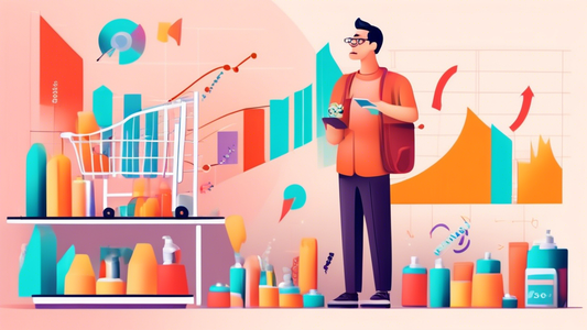 A shop owner with a megaphone standing in front of an organized grid of products on sale, surrounded by graphs showing upward sales trends