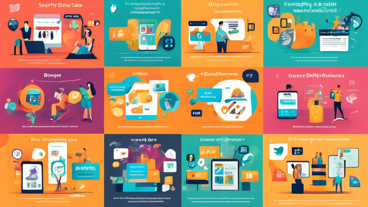 A vibrant and dynamic infographic showcasing a variety of Shopify apps that enhance conversion rates, such as upselling, cross-selling, cart recovery, social proof, and personalized recommendations. T