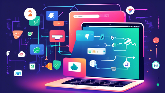 An image of a sleek and modern laptop computer with the Shopify logo on the screen, surrounded by various app icons, all connected by a series of lines and arrows, representing the integration of Shop