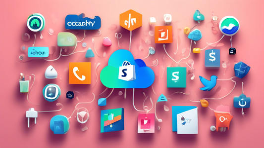 Create an image of a diverse selection of virtual plugins cascading down from a Shopify logo, illustrating the top 5 Shopify conversion optimization plugins mentioned in the article title. Each plugin should be depicted in a visually appealing and un