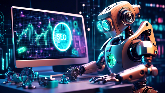 A futuristic robot with flashing lights and gears holding a magnifying glass up to a laptop screen displaying a Shopify storefront with data analytics and growth charts in the background, representing