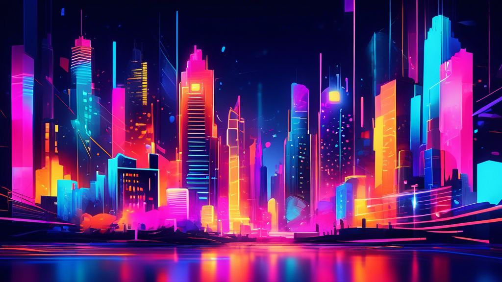 A vibrant neon-lit abstract painting of a cityscape with glowing lines and shapes representing the energy of a thriving Shopify store, surrounded by a dynamic array of app icons representing essential