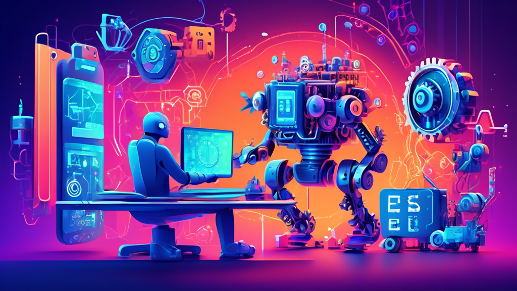 A futuristic and vibrant illustration of a Shopify store being optimized by a robot with gears and circuits in the background, showcasing the concept of automated SEO optimization for Shopify.