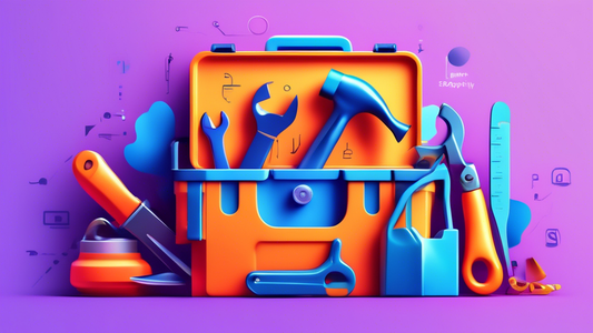 Create an image of a virtual toolbox filled with essential conversion optimization tools, with the Shopify logo prominently displayed on one of the tools. The tools should include variations of A/B testing software, heatmapping tools, email marketing