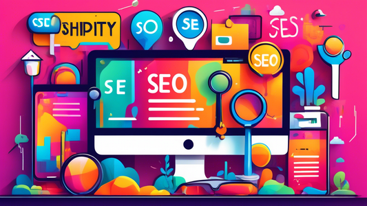 Create an image of a vibrant Shopify store with traffic signs pointing to SEO Strategies, Conversions, and Boosting Sales. Implement visual elements like magnifying glasses, search engine algorithms, and a growing sales chart to visually represent th