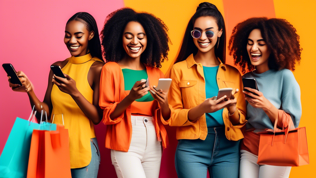 A cheerful and diverse group of people using their mobile phones to shop on a Shopify store, surrounded by vibrant colors and easy-to-use interfaces. The image should convey a sense of empowerment, co