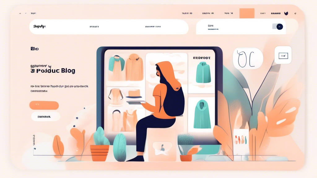 A website visitor using Shopify's product filtering options to find the perfect product, surrounded by UI elements that guide them through the process, such as search bars, filters, and product recomm