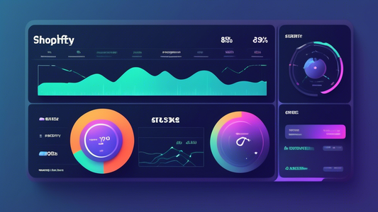 A futuristic Shopify store dashboard with advanced analytics, SEO optimization tools, and tailored app integrations, designed to enhance organic search visibility and drive revenue. The dashboard shou
