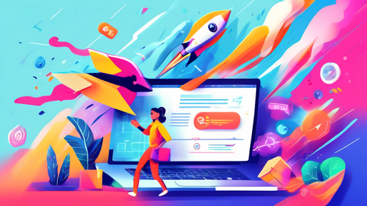A vibrant illustration representing the accelerated speed and enhanced user experience of a Shopify site. The image should convey a sense of motion and efficiency, with elements such as a speeding roc