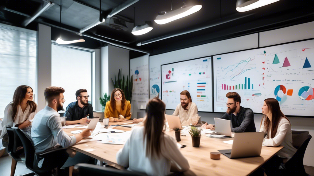 A group of people in a meeting room, brainstorming ways to increase conversions on a Shopify store. The room is full of charts, graphs, and whiteboards, and the people are all excited and engaged in t